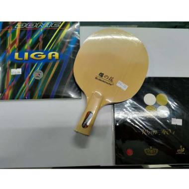 DONIC Penholder Hinoki B 2015 Plus Karet Donic and Bintik Set Bat Pingpong Cokelat Kayu