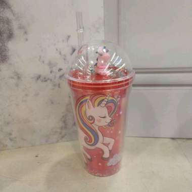 GELAS GLITTER MOTIF UNICORN 450ml DENGAN SEDOTAN//GELAS UNIK DAN LUCU merah