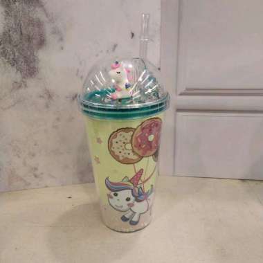 GELAS GLITTER MOTIF UNICORN 450ml DENGAN SEDOTAN//GELAS UNIK DAN LUCU hijau