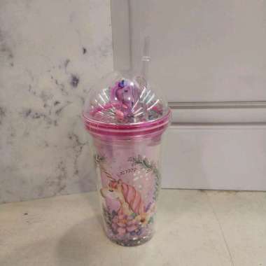 GELAS GLITTER MOTIF UNICORN 450ml DENGAN SEDOTAN//GELAS UNIK DAN LUCU Pink