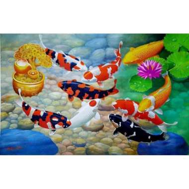 TERBARU LUKISAN CETAK IKAN KOI DAN BONSAI EMAS PLUS BINGKAI UKURAN