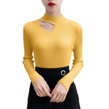Sweater Rajut Leher Tinggi lengan panjang gaya Korea variasi mote - Jfashion Jefina M-L Kuning