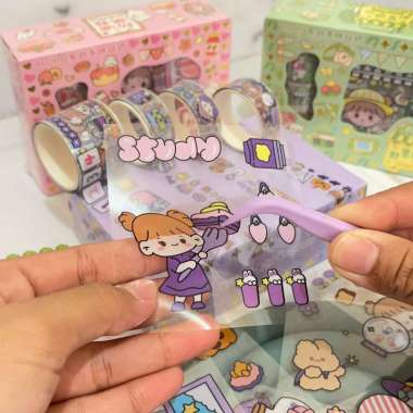 Sticker Box MOMO 10 lembar + 4 Washi Tape - PINK UNGU BIRU HIJAU REQUEST - stiker boks 1 set lucu ga