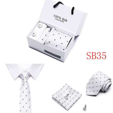 RAFAEL 2 - PAKET EXCLUSIVE 3IN1 : dasi + sapu tangan + cuff link wedding party SB35 WHITE BLACK DOT