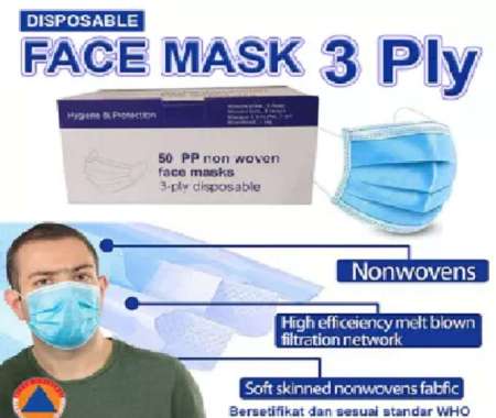 Masker 3Play Earloop Face Mask Non Woven Disposable Per Box Isi 50 Lembar - Bukan Sensi BIRU MUDA [ 