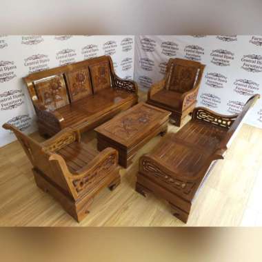 Kursi & Meja Tamu Semut Blok Kayu Jati Minimalis Ukir Furniture Jepara -- Multicolor