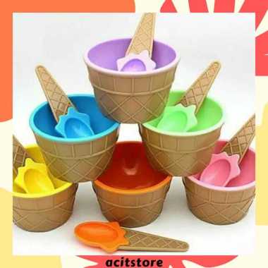 Mangkok Es Krim Mangkuk Cemilan Ice Cream Set Mangkok Sendok Plastik cone eskrim pink