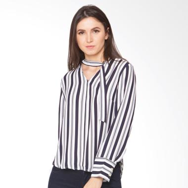 A&D MS 1021 Long Sleeve Blouse with Neck Atasan Wanita - White Stripe