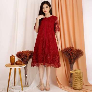 Dress Daisy Tile Bordir Brukat Glitter Mutiara Tule Brokat Tulle Tille Mewah Terbaru Maroon