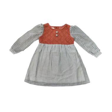 Tiny Button Garis Brukat Dress Anak - Abu Merah