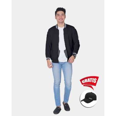 Vallenca Jaket Boomber Pria Hitam Polos Gratis Topi Unik Hitam XL