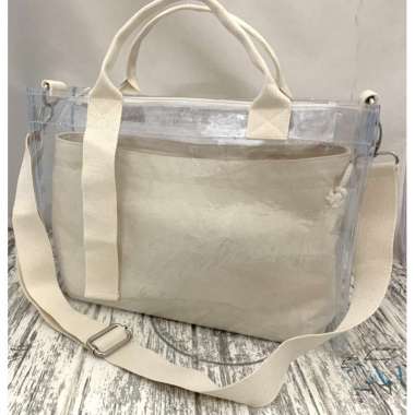 Tas Tote Mika Transparant PVC Fashion Dengan Resleting Hampers 36x10x25 Khaki