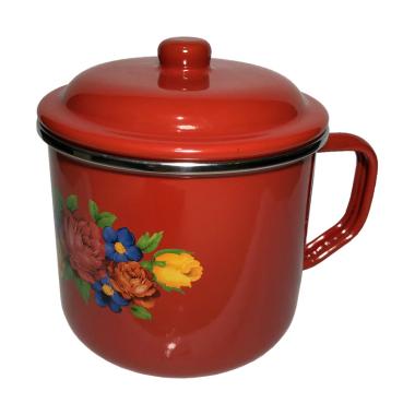 IDEAL Enamel Mug Gelas Motif Bunga Dengan Tutup  [12 cm / 1000 mL] RED