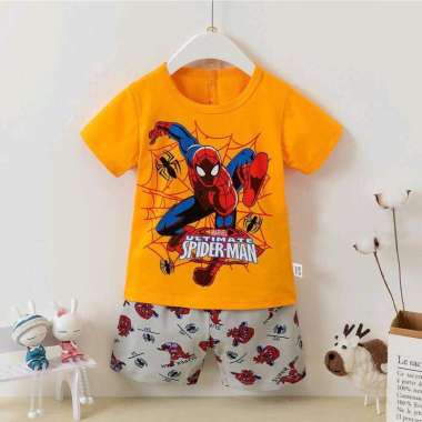 LARISWEAR SETELAN BAJU RUMAH IMPORT SPANDEX ANAK KECIL MOTIF LUCU CEWEK COWOK Spiderman yellow 7th