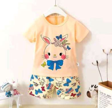 LARISWEAR SETELAN BAJU RUMAH IMPORT SPANDEX ANAK KECIL MOTIF LUCU CEWEK COWOK Peach bunny 8th