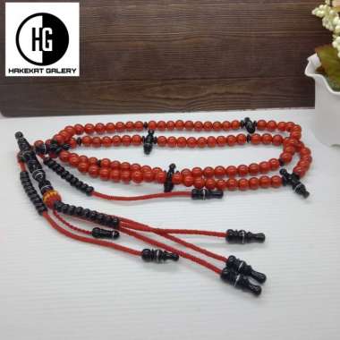tasbih tijani batu Marjan merah kombinasi yuser black motif bulat E155