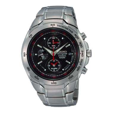 Jam Tangan Pria Seiko Chronograph SNAB89P1 Men Black Dial Titanium Strap Silver