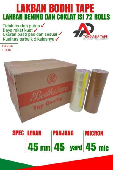 LAKBAN BENING COKLAT MERK BODHI TAPE 45MM X 45YARD 1 DUS TERMURAH BENING