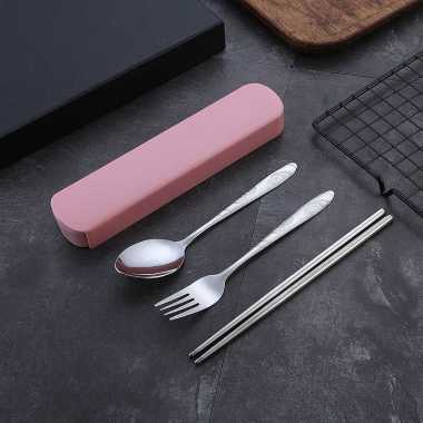 SK-C495 Sendok Set 3IN1 Stainless Steel / Alat Makan Sendok Garpu Sumpit Set Portable Dengan Kotak P