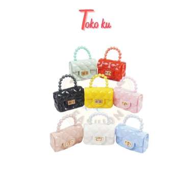 TAS SELEMPANG WANITA JELLY GLOSSY MINI PEARL WARNA TRANSPARAN