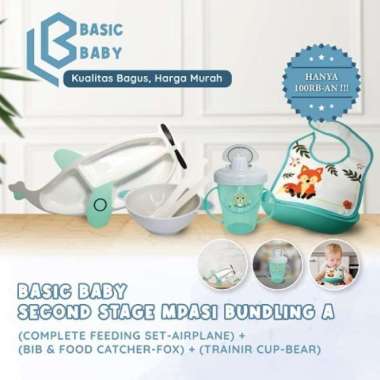 Basic Baby Second Stage MPASI Bundling A ( Complete Food Feeding Set - Airplane + Bib & Food Catcher
