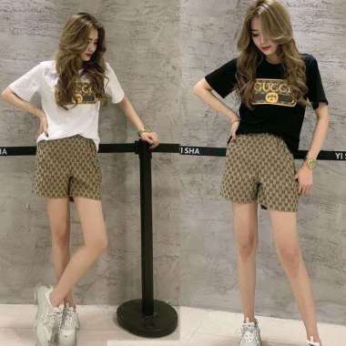 Setelan Baju Wanita Kaos & Celana Lengan Pendek OOTD Trendy S Hitam