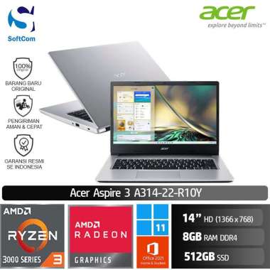 Acer Aspire 3 Slim A314 22 R10Y Notebook [AMD Ryzen 3-3250U/8GB/512GB SSD/14″/Win 11 Home+OHS 2021] Silver