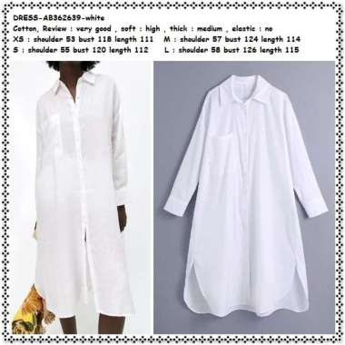 AB362639 Dress Midi Kemeja Lengan Panjang Putih Wanita Import Tunik