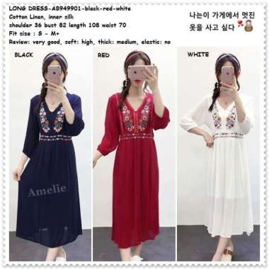 AB949901 Long Dress Midi Boho Wanita Korea Import Merah Putih Tunik