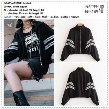 AB955911 Sporty Jacket Jaket Bomber Wanita Korea Import Hitam Black