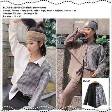 AB959605 Baju Atasan Kemeja Kotak Wanita Korea Import Hitam Putih