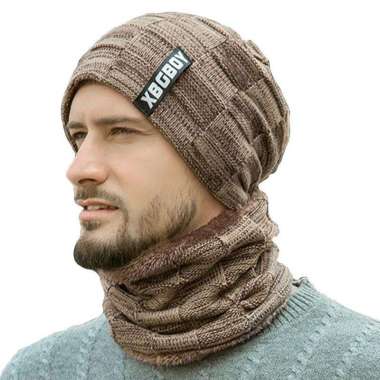 Winter Man Hats Cap Scarf Winter Wool Hat Knitting Cap Skullies Bonnet Khaky