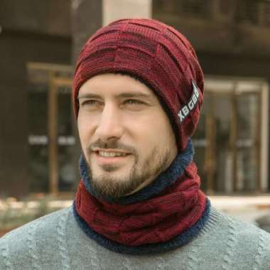 Winter Man Hats Cap Scarf Winter Wool Hat Knitting Cap Skullies Bonnet Marron