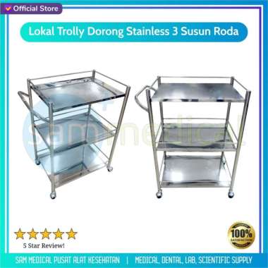 Lokal Trolly Dorong / Meja Instrumen Stainless 3 Susun Roda