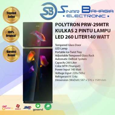 POLYTRON PRW-29MTR KULKAS 2 PINTU LAMPU LED 260 LITER 140 WATT (NEW) (KHUSUS BANDUNG)