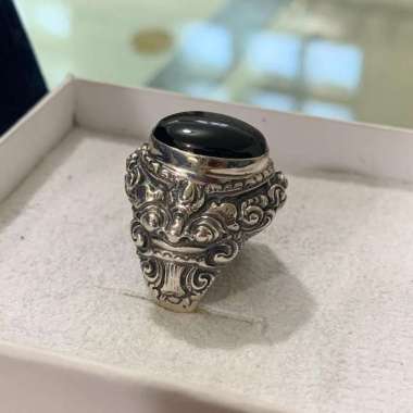 Cincin Ring Perak Silver Bali Asli 925 Ukir Rangda Barong Batu Akik Onyx Besar Pria Laki Wanita Kere