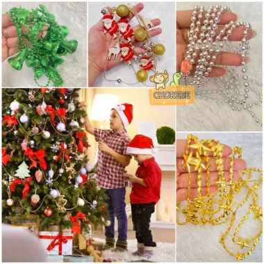 Rantai Mote Hiasan Dekorasi Pohon Natal Santa Lonceng Bulat Bintang Bintang Gold