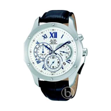 Alba Chronograph Leather Original Jam Tangan Pria [AU.X12087] White Silver