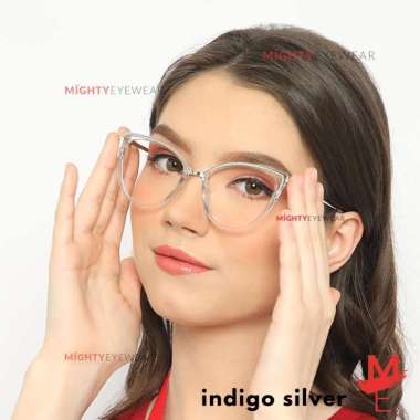 Kacamata Antiradiasi Photocromic Blueray Indigo Silver Wanita Cat Eye + PhotoChromic