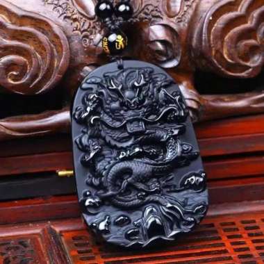 Kalung Liontin Naga Obsidian Hitam pria wanita