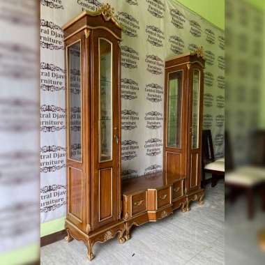 Bufet Meja TV Ukir Hias Kayu Jati Lemari Dinding Kaca Display Jepara