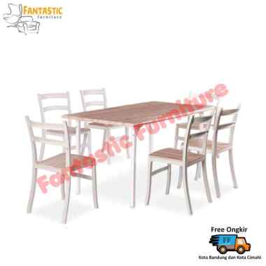 Dining Set / Meja Makan Kayu / DTM Simpsons Fullset 6 kursi Cream