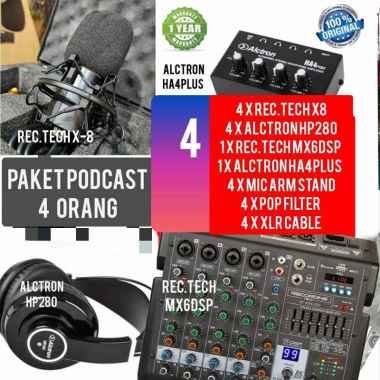 PAKET PODCAST 4 ORANG MIXER RECORDING TECH MX6DSP PLUS MIC RECORDING TECH X8 Hitam