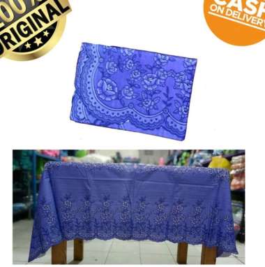 Taplak Meja Makan Plastik Persegi Ukuran 6 Kursi Motif Kembang biru