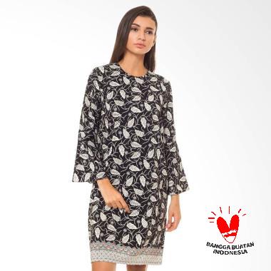Batik Flike Store Dress Wanita Bell Sleeve Dress Black Leaf