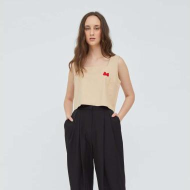 Atasan Wanita Blouse Fashion Wanita [Shopatvelvet x Disney] - Minnie Mouse Square Bow Top in Beige