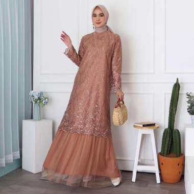 Shiyan Gamis Full Tile Bordir Mutiara Glitter Brukat Tulle Brokat Maxi Arini Pesta MOCCA COKLAT