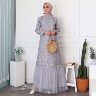 Shiyan Gamis Full Tile Bordir Mutiara Glitter Brukat Tulle Brokat Maxi Arini Pesta ABU