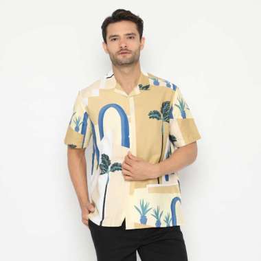 Platini Baju Kemeja Motif Pria Lengan Pendek Katun Cream Biru 73276 S