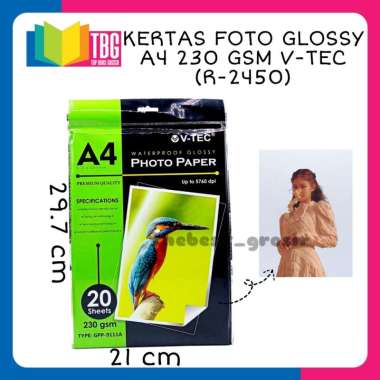 1 PACK (20 LEMBAR) KERTAS FOTO GLOSSY A4 230 GSM V-TEC (2450) / 1 PACK KERTAS FOTO GLOSSY 230 V-TEC 